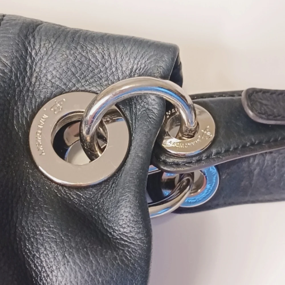 B. Makowsky Leather Hobo Style Moto Purse Shoulder Bag Black